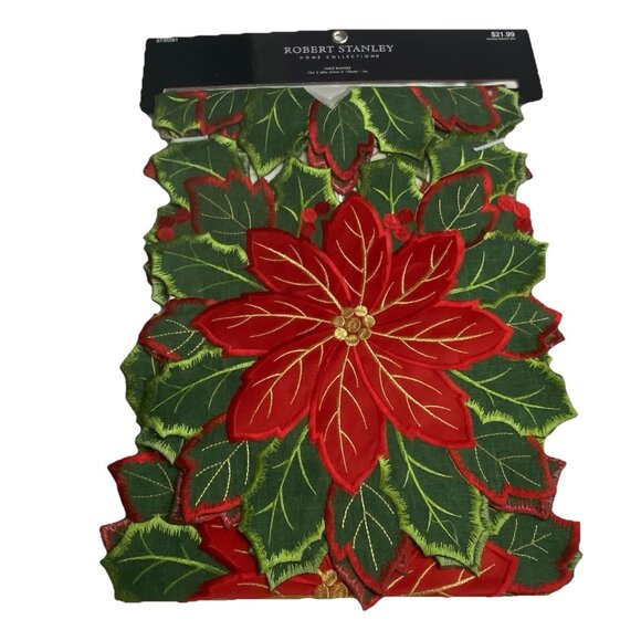 Robert Stanley Green Red White Poinsettia Table Runner 13”x 69” Metallic - Picture 1 of 8